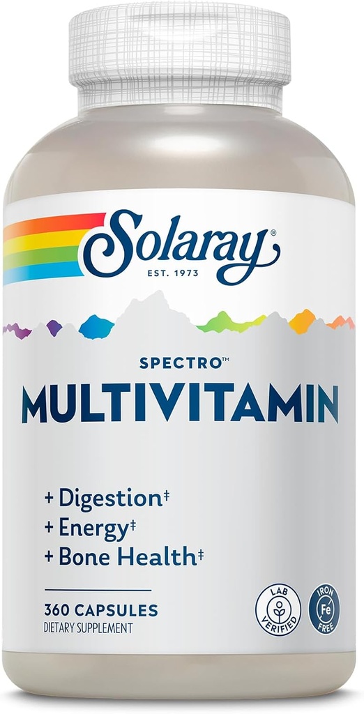 SOLARAY Spectro Multivitamin, Iron Free - Multi Vitamin w/Calcium, Magnezyum, Energating Greens, Digestive Enzymes - Digestion, Cellular Energy, Bone Health, Immune Support, 60 Hizmet, 360 Capsules