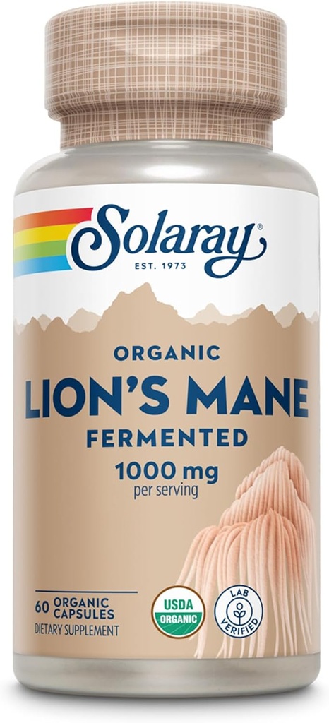SOLARAY Organik Aslanlar Mane Supplement Capsules - Lion's Mane Organik Mushrooms'un 1000 mg'ını sağlamak, Geliştirilmiş Aborpsiyon için Fermented - Vegan, 60 Günlük Garanti, Lab TY, 30 Hizmet, 60 VegCaps