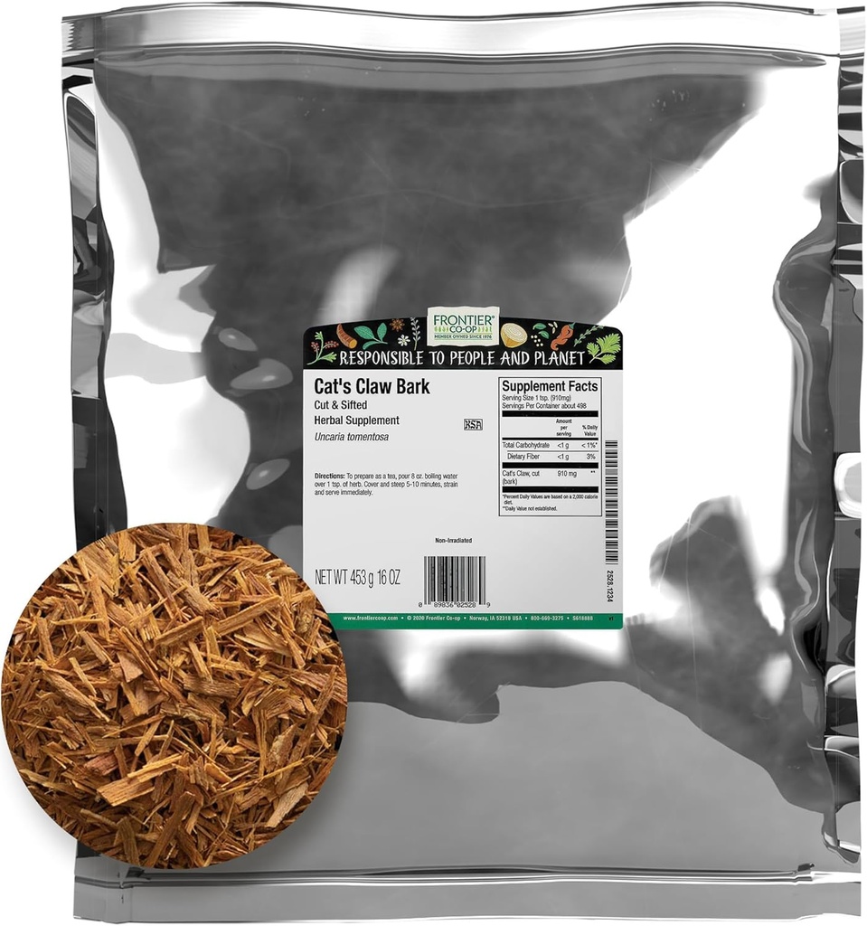 Frontier Co-op Cat's Claw Bark, 1lb Bulk Bag, Cut and Sifted - 100% Pure & Natural Cat Claw Herb, Ideal for Teas, Tinctures ve Herbal Uses, Kosher