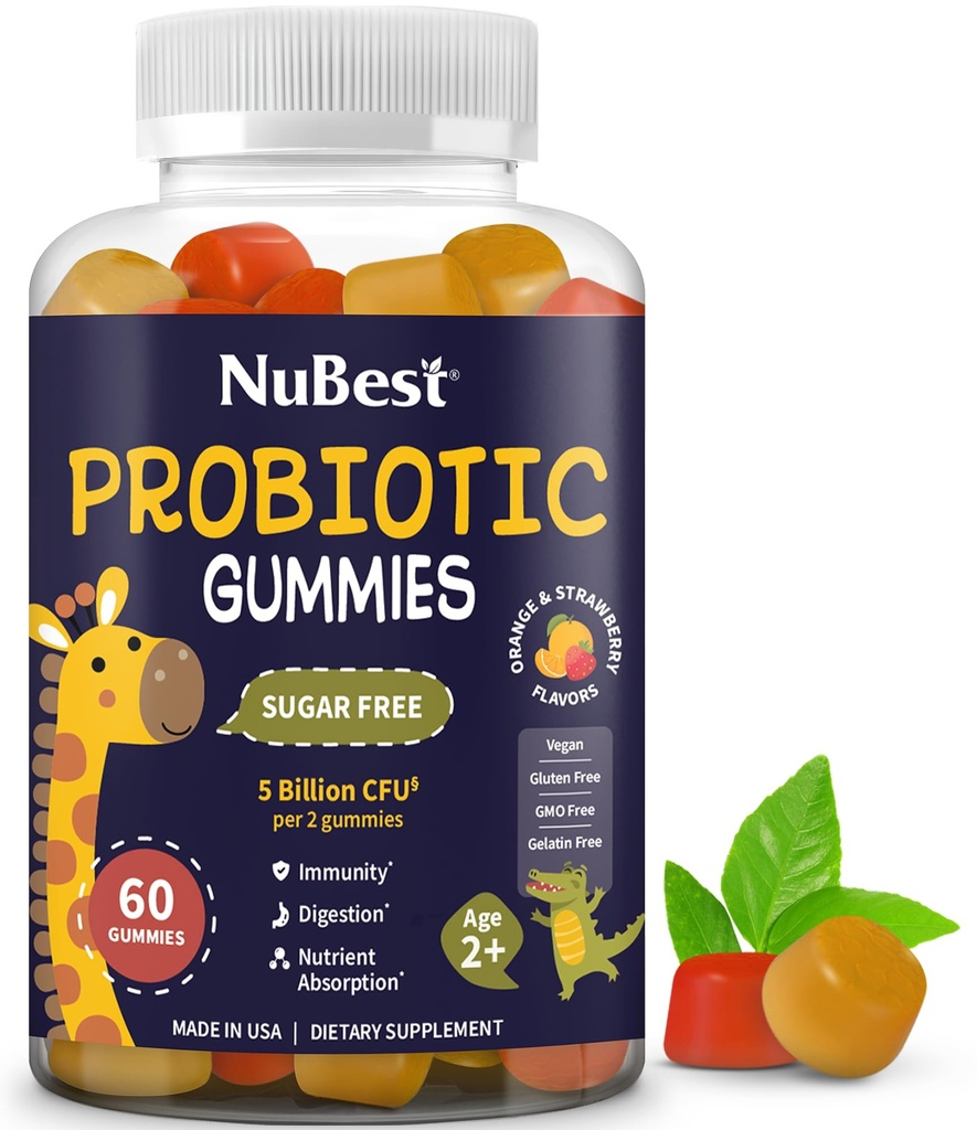 Çocuklar ve gençler için en iyi Günlük Probiyotik Gummies 5 Milyar CFU'lar | Destekler Immune, Gut ve Digestive Health | Nodrew Sugar | Yummy Strawberry & Orange Flavors | 60 Premium Vegan Gummies