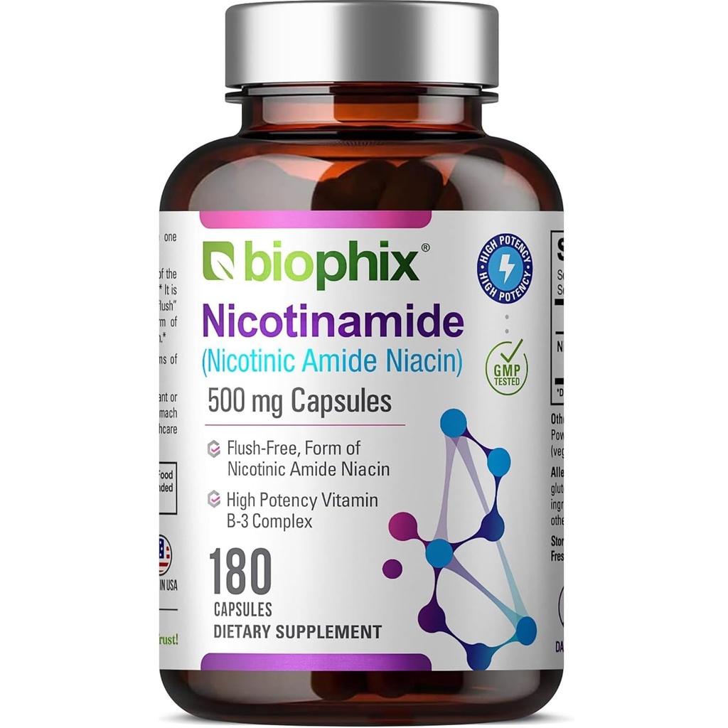 Biophix B-3 Nicotinamid 500 mg 180 Caps - Nicotinic Amide Niacin Natural Flush-Free Vitamin Formula - Destekler Skin Hücre Sağlık Sağlığı