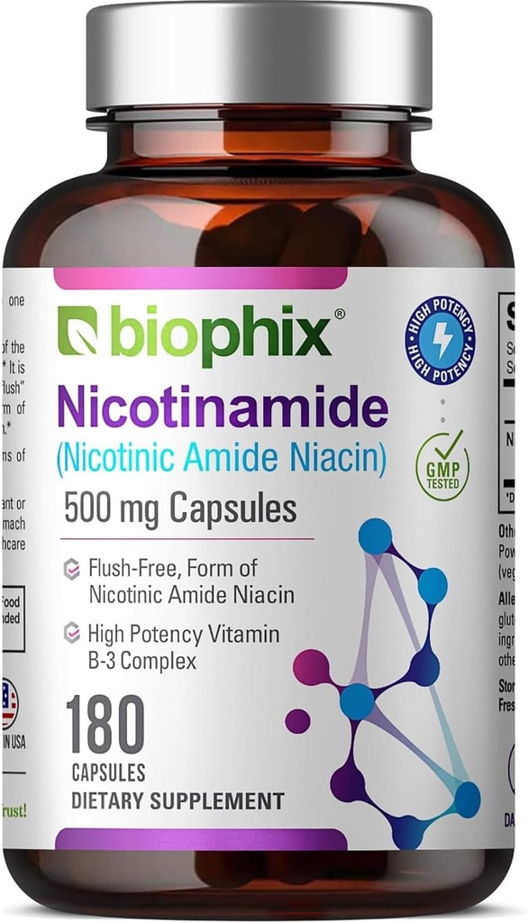 Biophix B-3 Nicotinamid 500 mg 180 Caps - Nicotinic Amide Niacin Natural Flush-Free Vitamin Formula - Destekler Skin Hücre Sağlık Sağlığı