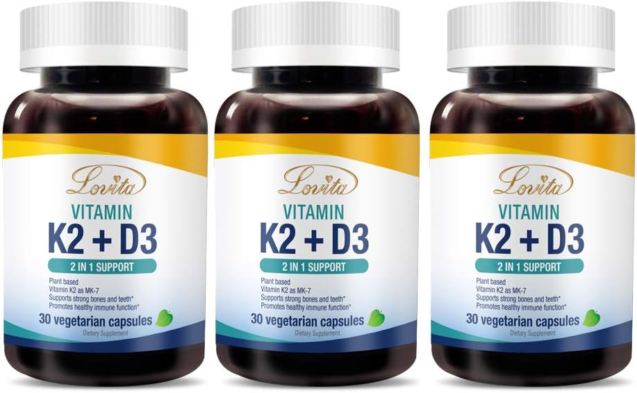 Lovita Vitamin K2 + D3, 400 IU Vegan Vitamin D3 & 120 mcg K2 (MK-7), 1 Formula, Immune Kompleksi, Kalp, Diş ve Immune Fonksiyonlar, 30 Vegetarian Capsules (Pazarlama)