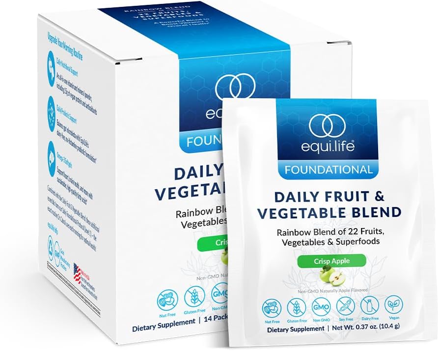 Equilife καθημερινή μείξη φρούτων & λαχανικών, Superfood Αντιοξειδωτικό συμπλήρωμα, Crisp Apple Γεύση με βιταμίνη C, Fiber, και 9 Essential Amino Acids, υποστηρίζει την ενέργεια, Vegan, 14 ενιαία πακέτα σερβίρετε