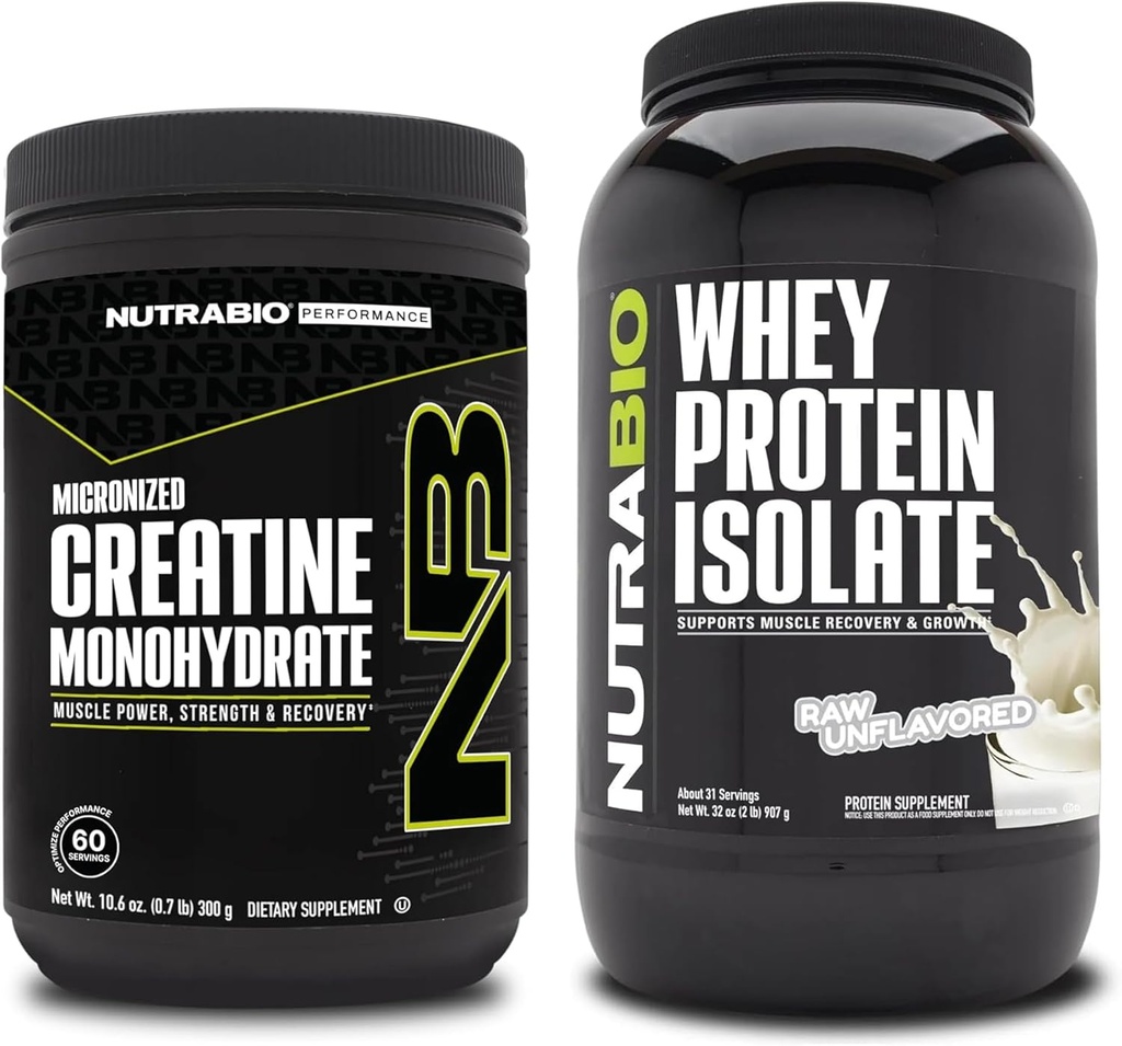 NutraBio Kretine Monohidrat, Unflavored, 300g ve Whey Protein Isolate, Unflavored, Supplement Sche - Muscle Energy, Lean Muscle growth, Recovery, and Strength