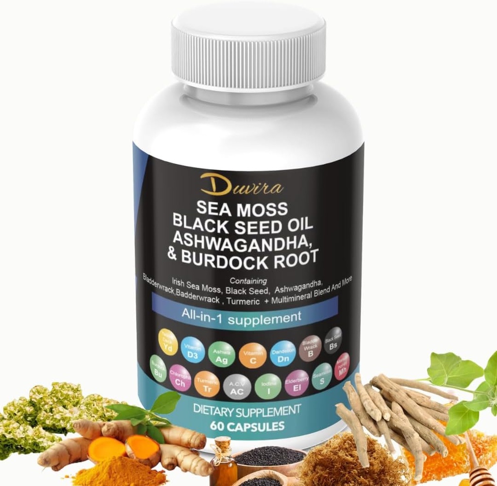 Sea Moss 3000mg Black Seed Oil 2000mg Ashwagandha 1000 mg Turmeric 1000 mg Bladderwrack 1000 mg Burdock 1000 mg & Vitamin C & D3, Elderberry Manuka Dandelion Sarı Iodine Chlorophyll ACVV