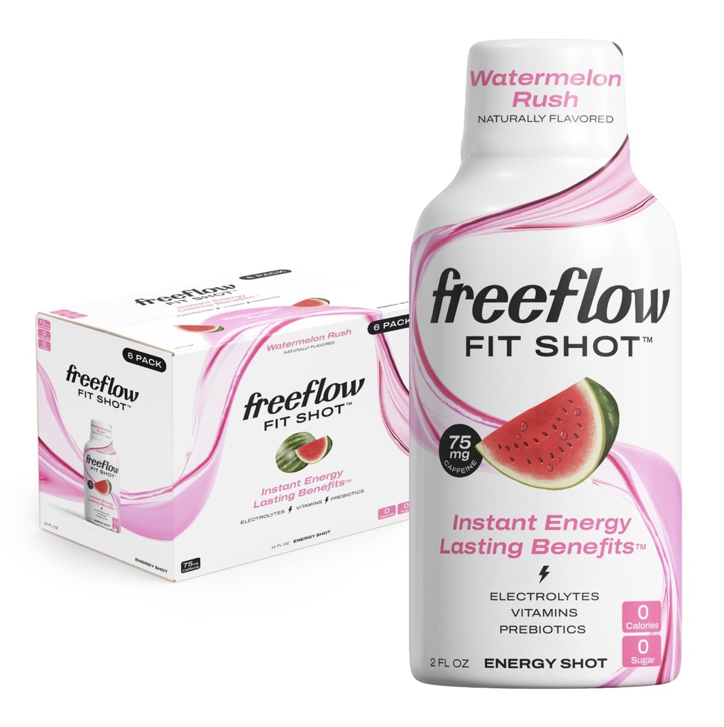 Freeflow Fit Energy Shots, Watermelon Rush, Natural Caffeine Boost with L-theanine, Ginseng, Vitaminler, Prebiyotikler, Electrolytes (6, 2oz Shots)