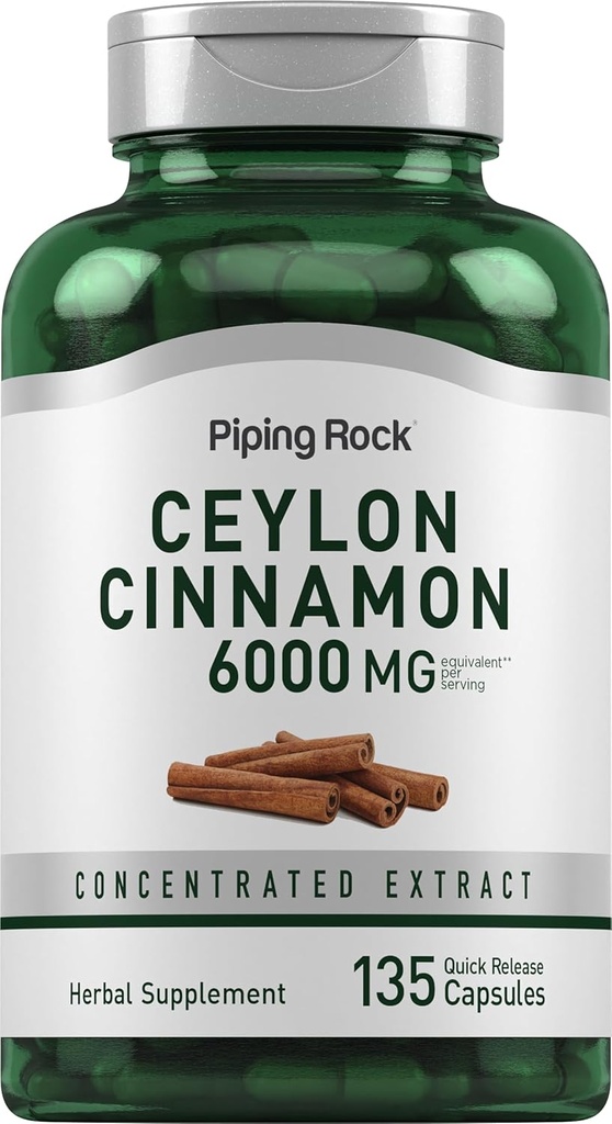 Piping Rock Ceylon Cinnamon Capsules 6000 mg | 135 Kont | Interd Herbal Extract Supplement | for Men and Women | Non-GMO, Gluten Free