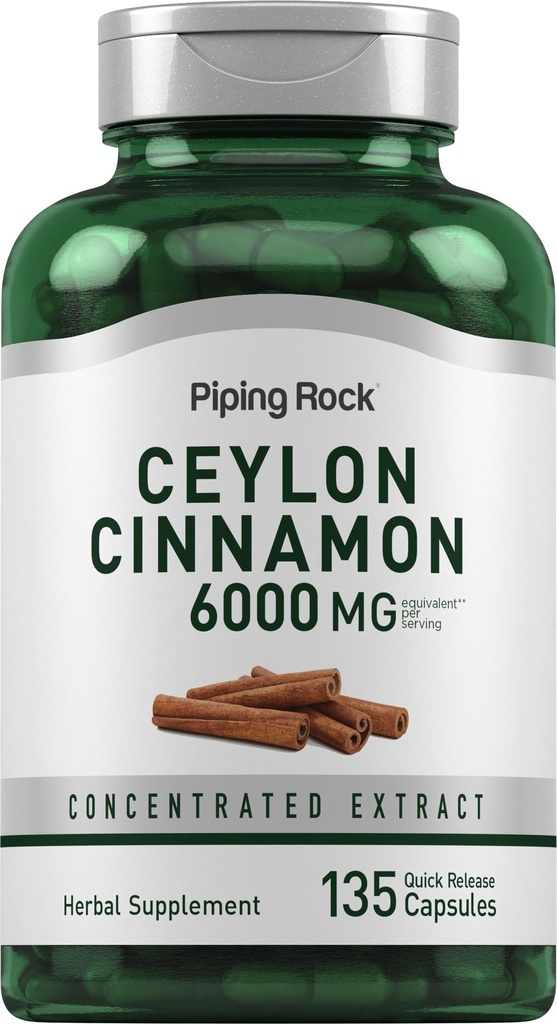 Piping Rock Ceylon Cinnamon Capsules 6000 mg | 135 Kont | Interd Herbal Extract Supplement | for Men and Women | Non-GMO, Gluten Free