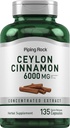 Piping Rock Ceylon Cinnamon Capsules 6000 mg | 135 Kont | Interd Herbal Extract Supplement | for Men and Women | Non-GMO, Gluten Free