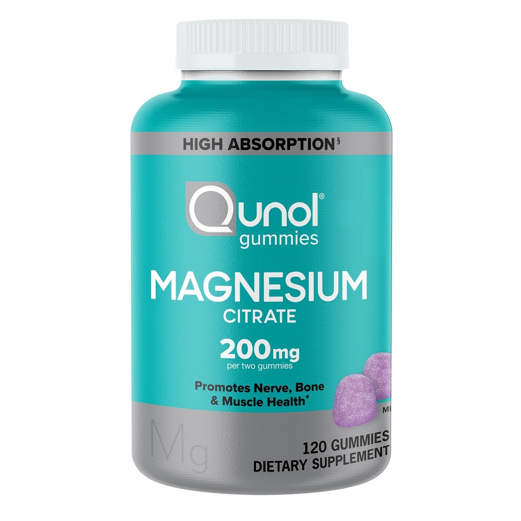 Qunol Magnesium Gummies for Adults, 200mg Elemental Magnesium (from 1,750mg Magnesium Citrate), High Absorption Magnesium Supplement, Supports Nerve, Bone and Muscle Health, Vegetarian, 120 Count