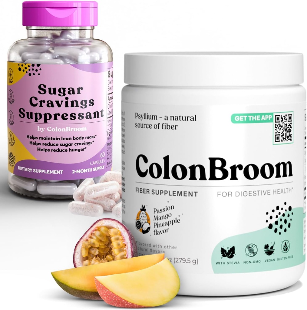 ColonBroom Psyllium Husk σκόνης ζάχαρης Καταπιεστικό - Chromium Picolinate 200mcg, 2 αντικείμενα - Colon Cleanser Fiber συμπλήρωμα (50 εξυπηρετούν) + Sugar Craving Suppressant (60 εξυπηρετούν)