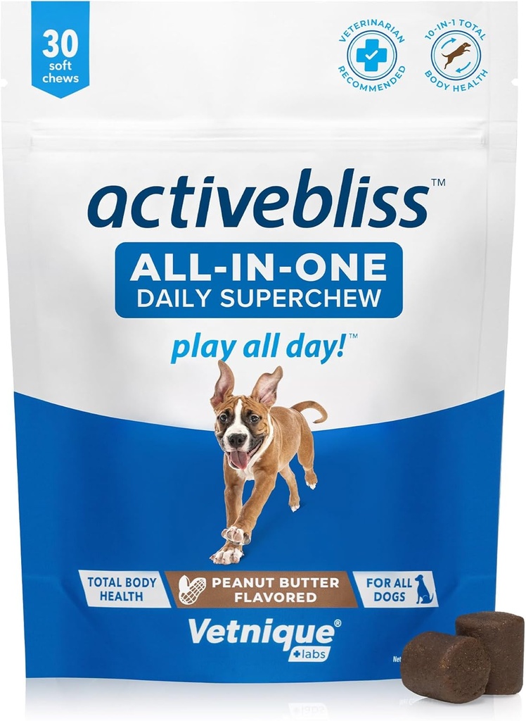 Vetnique Labs Activebliss Dog Multivitamin - Καθημερινή Θεραπεία με Γλυκοσαμίνη, Ωμέγα 3, Digestive Ένζυμα & Προβιοτικά για Κοινή, Digestive, & ανοσοποιητική υποστήριξη - Βιταμίνες Σκύλων για Βέλτιστη Υγεία, 30 Count