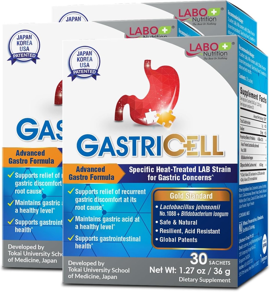 LABO Beslenme GASTRICELL - Asit Reflux, Heartburn, Gastrik Discomfort, Doğal Savunma Gastrik Distress 30 sachets x3