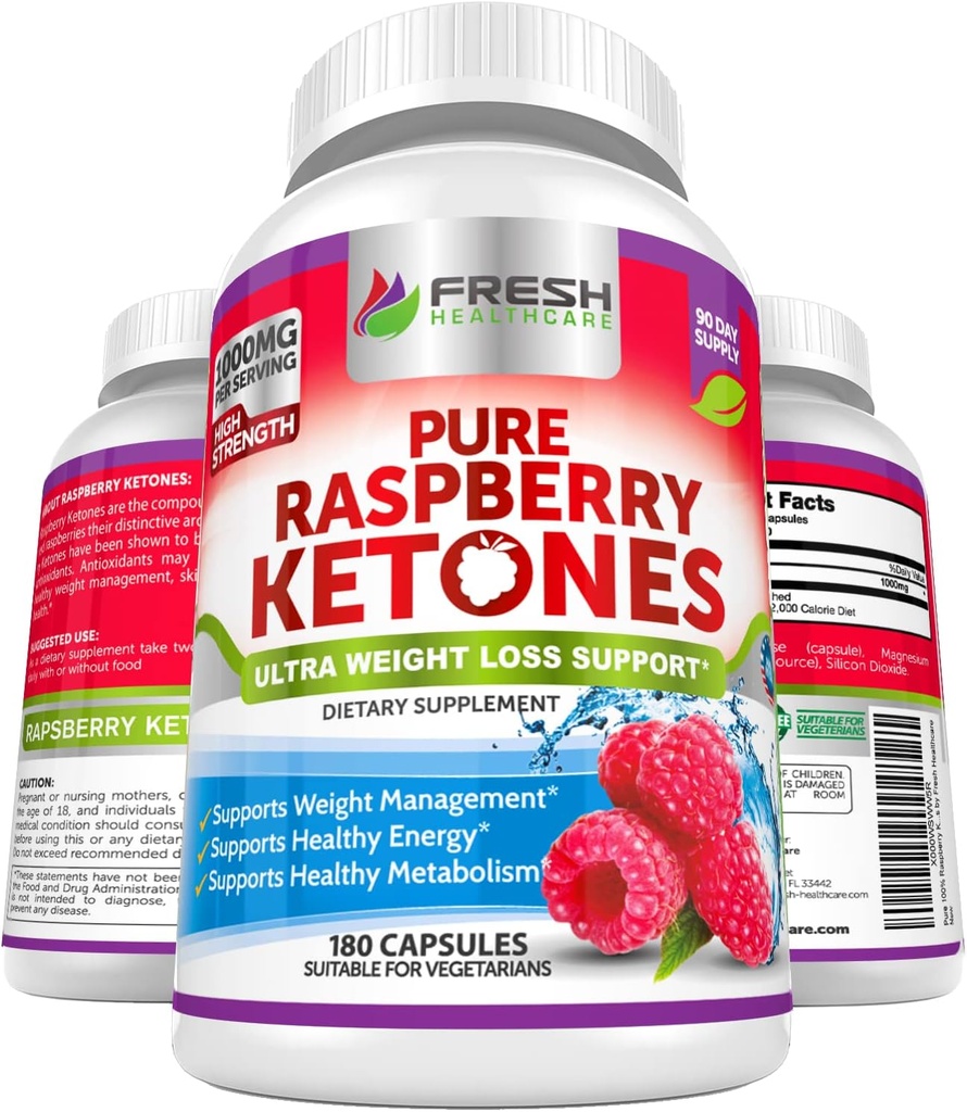 FRESH SACARE Pure Raspberry Ketones Max 1000 mg Arada - 3 Ay Supply Non GMO - Gelişmiş Kilo Kaybı Desteği - 180 Capsules