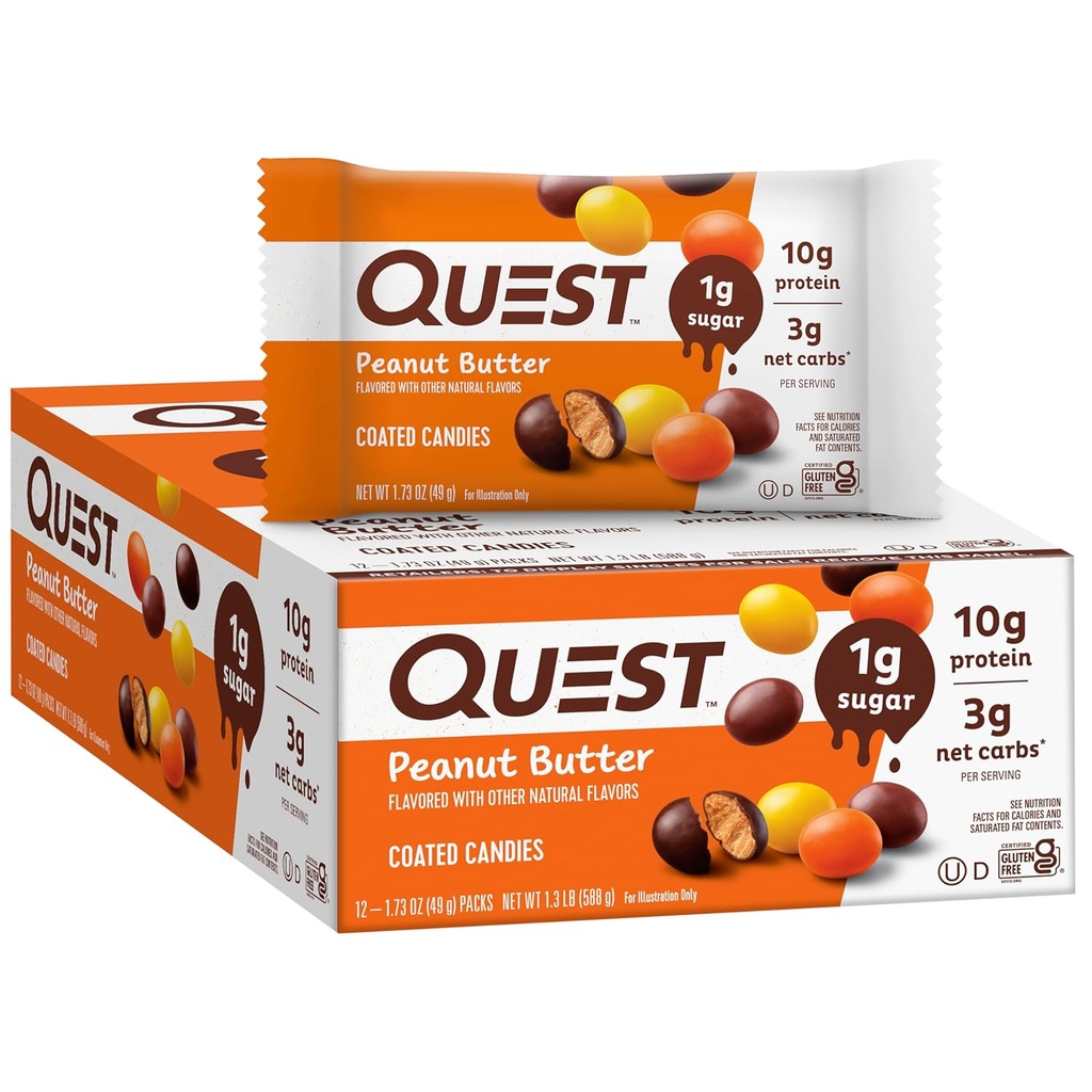 Quest Beslenme Kaplamaları Candies, Peanut Butter, 1g Sugar, 10g protein, 4g Net Carbs, Gluten Free, Keto Friendly, 12 Count