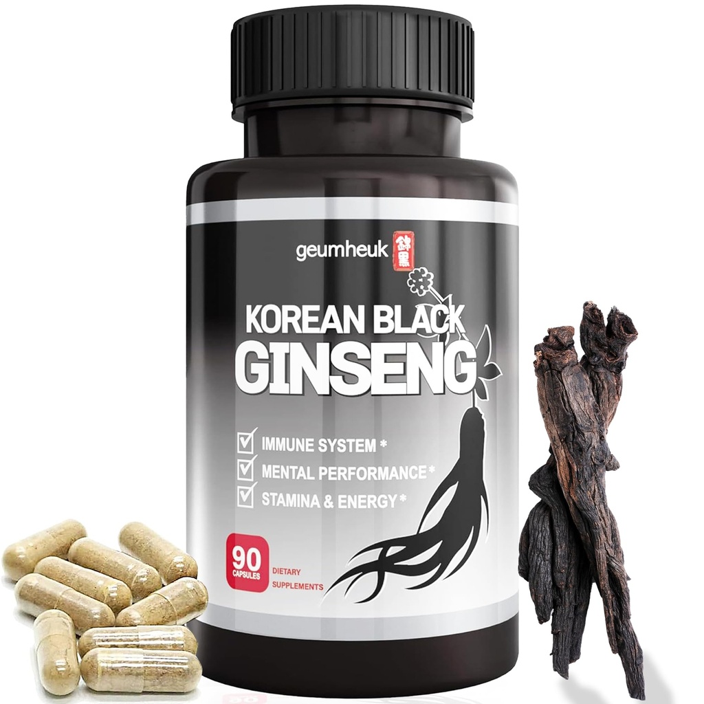 GeumHeuk Koreli Black Panax Ginseng Capsule 1000 mg - 90 Vegan Capsules Non GMO, High Ginsenosides, High Abxia Rate, Geliştirilmiş Immunity, mental Performans, Stamina & Energy, Men & Women