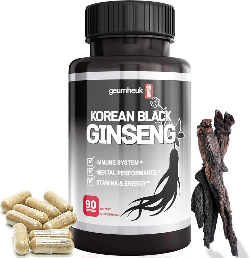 GeumHeuk Koreli Black Panax Ginseng Capsule 1000 mg - 90 Vegan Capsules Non GMO, High Ginsenosides, High Abxia Rate, Geliştirilmiş Immunity, mental Performans, Stamina & Energy, Men & Women