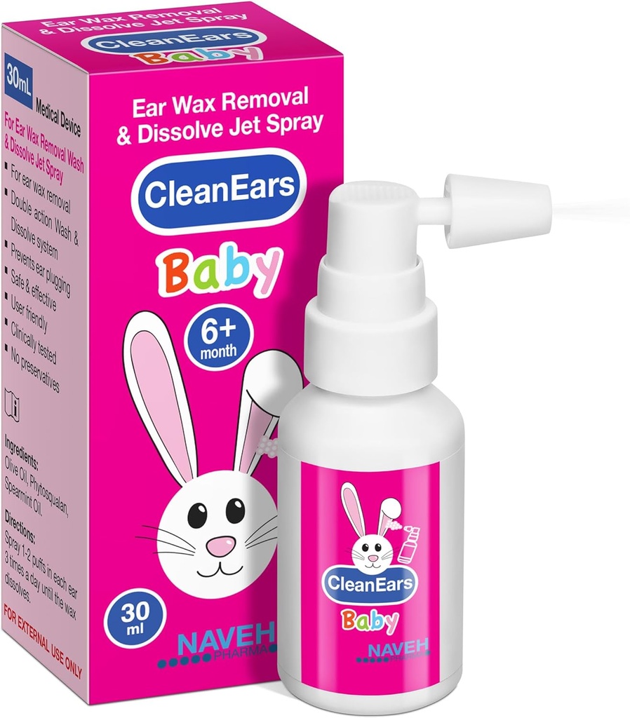 NAVEH PHARMA® CleanEars Baby | Fast-Acting Ear Wax Removal | Breaks Down & Dissolves Earwax in Just 1 Treatment | Klinik olarak% 300 Daha Etkili | Mineral Oil, Gentle &Safe | 1 OZ