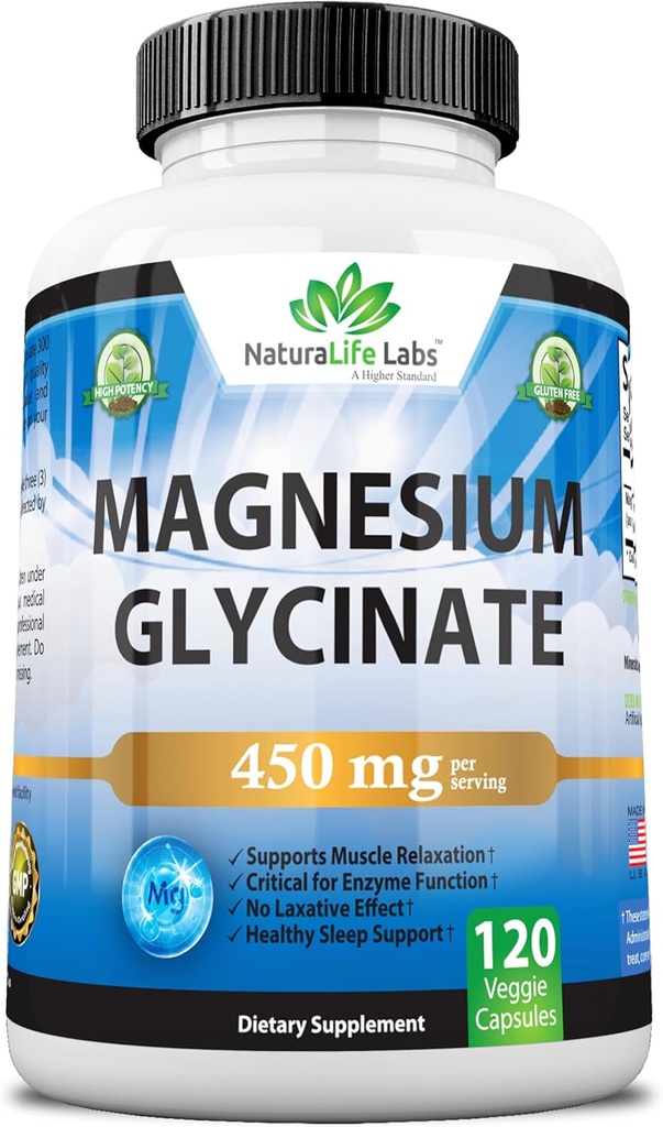 Magnezyum Glycinate 450 mg per Service – 120 Vegan Capsules (Non-GMO, Gluten-Free)