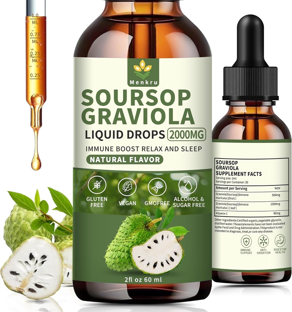 Soursop Bitters Liquid multivitami Drops,Pure Organik Soursop Leaves Extract,Immune Boost,Cell Support & Rejenerasyon, Sugar/Gluten Free, Natural Flavor, 2 Fl Oz