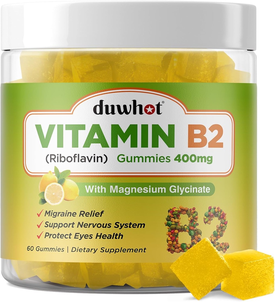 B2 Vitamin Magnezyum- Riboflavin 400 mg for Migraine Relief & Headache Relief, B2 Vitamins yetişkinler ve Çocuklar için Gummies, Vegan, 60 Chewable
