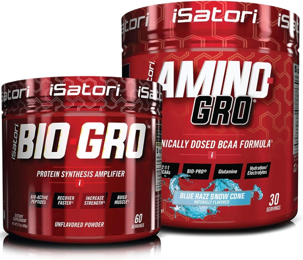 iSatori Bio-GRO protein Synthesis Amplifier - Unflavored (60 Hizmet) & iSatori Platinum-GRO BCAA Toz - Blue Razz Snow Cone (30 hizmet)
