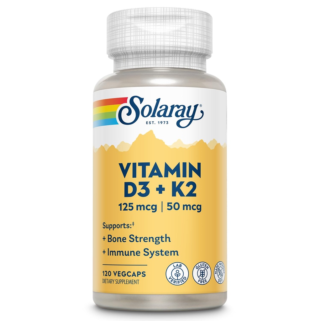 SOLARAY Vitamin D3 K2 - Συμπλήρωμα για την υγεία των οστών και το ανοσοποιητικό - με 5000 IU βιταμίνης D ως Vit D3 και 50 mcg βιταμίνης K2 ως Menoquinone MK7, Made Without Soy, 60-Day εγγύηση, 120 Serv, 120 VegCaps
