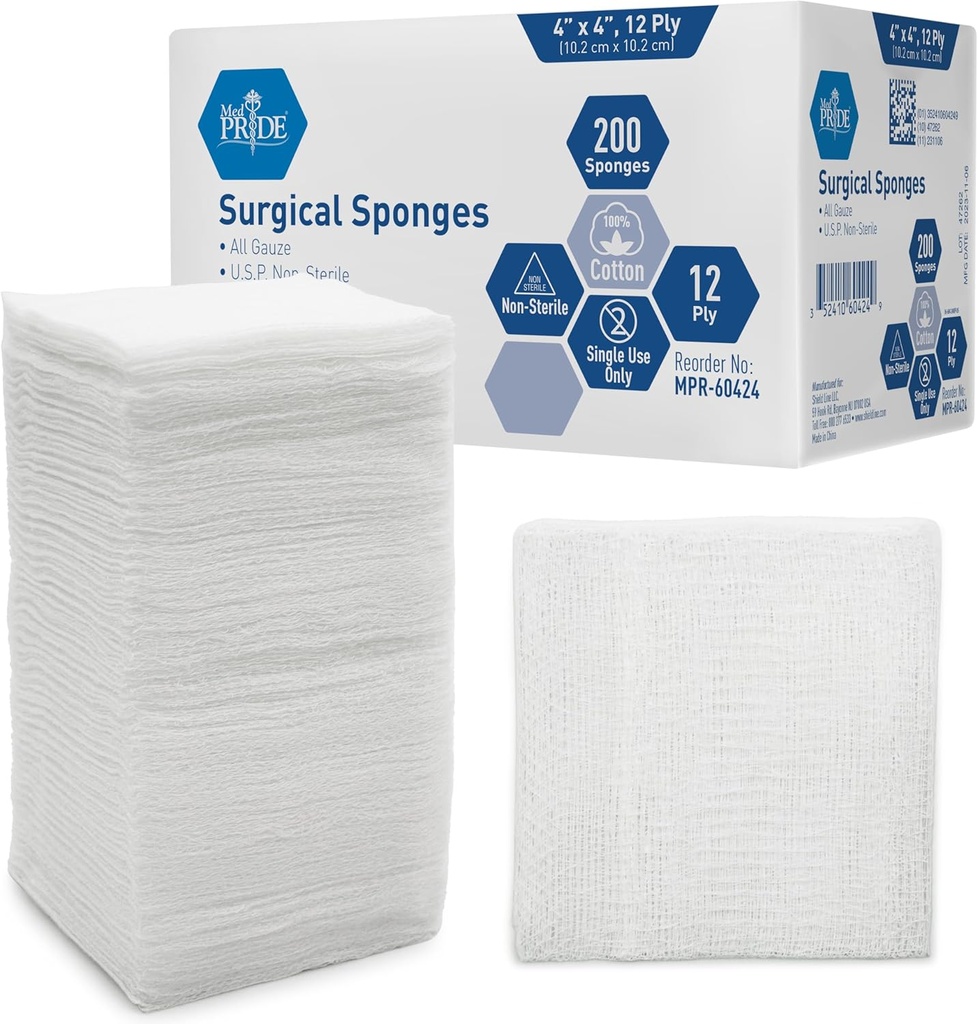MED PRIDE 4"x 4" Gauze, 200 Cerrahi Sponges 12ply Ekstra Absorbent | All-Gauze, Non-Sterile| Yara Elbiseleri için Büyük, Prepping, Scov & Temizlik| Essential First-Aid