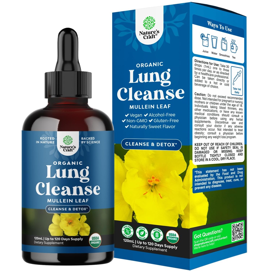 USDA Organik Mullein Drops for Lungs - Herbal Lung Detox & Cleanse with Marshmallow Root & Plantain Leaf for Respiratory Lung Health - Mullein Leaf Tincture Drops
