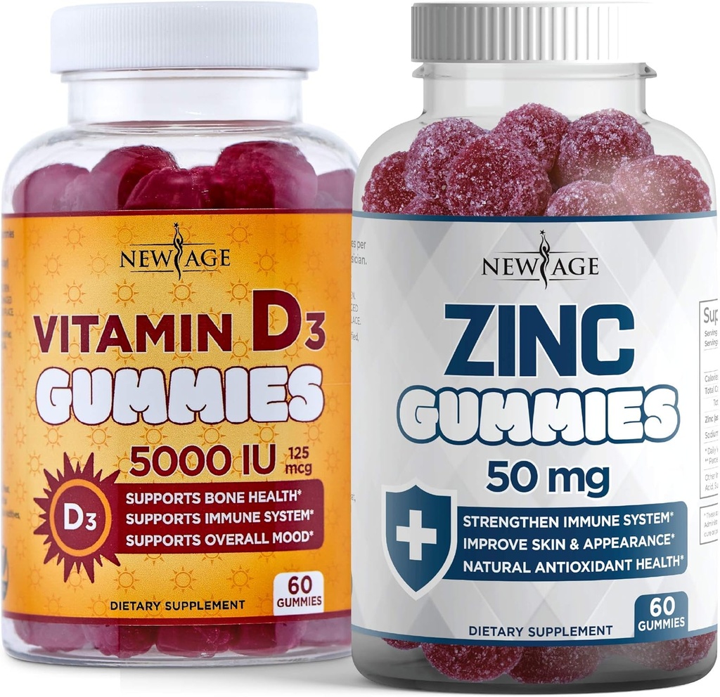 NEW AGE Immune Defense Combo - 2 Pack - Βιταμίνη D3 Gummies 5000 IU 125mcg & Υψηλής ισχύος Gummies ψευδάργυρου, Immune Booster 120 Count