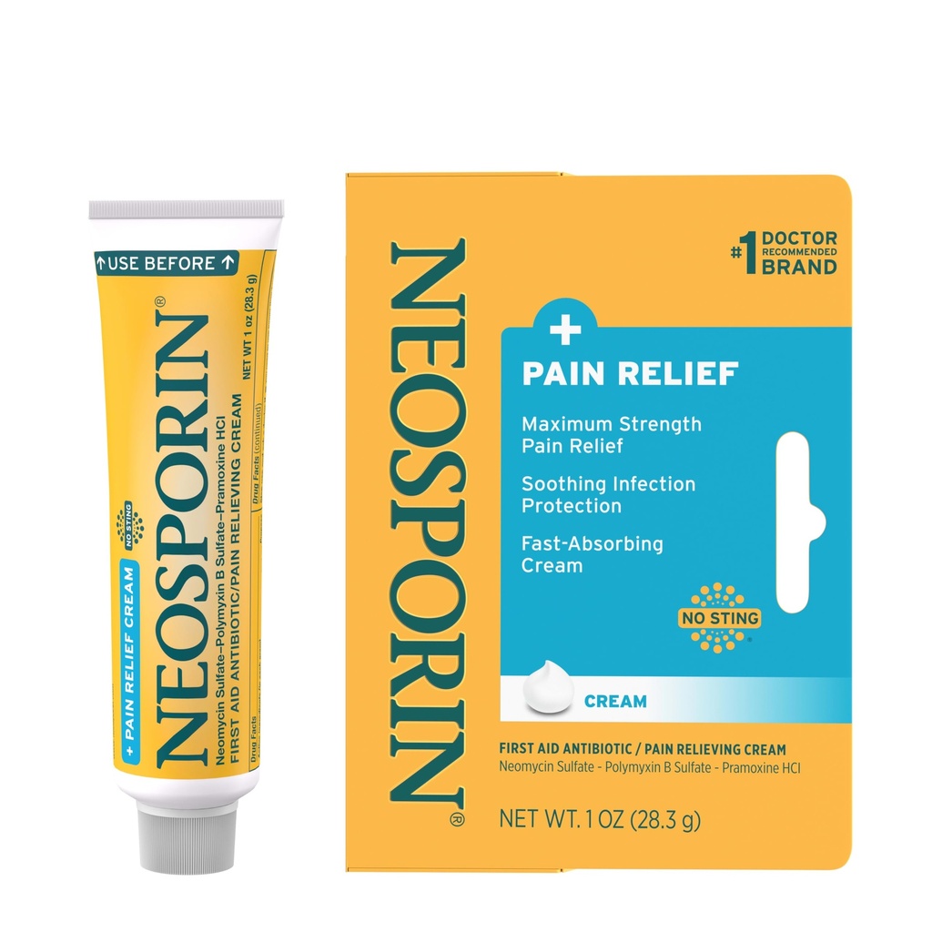 Neosporin + Maximum- Strength Pain Relief Dual Action Cream, First Aid Topic Antibiotic and Anaalgesic Cream for Wound Care of Minor Cuts, Scrapes and Burns, Polymyxin B & Pramoxine HCl, 1 oz