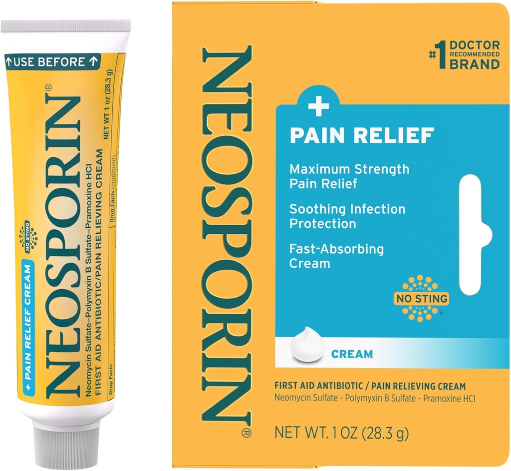 Neosporin + en-Strength Pain Relief Dual Action Cream, First Aid Topical Antibiyotik ve Analgesic Cream for Yara Bakımı Of Minor Cuts, Boates and Burns, Polymyxin B & Pramoksie HCl, 1 oz