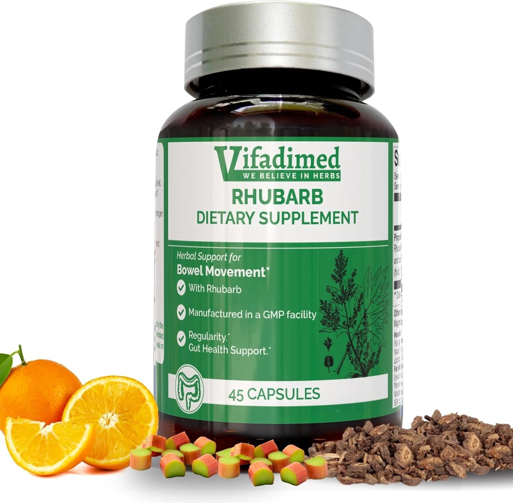 Rhubarb- Herbal Constipation Support, Gut Motness Supplement,Gentle Non-Laxative, Natural Stool yumuşatıcılar, Bloating & Gas Relief, Daily Bowel Hareketi, Herbal Poop Pills, 45 Capsules