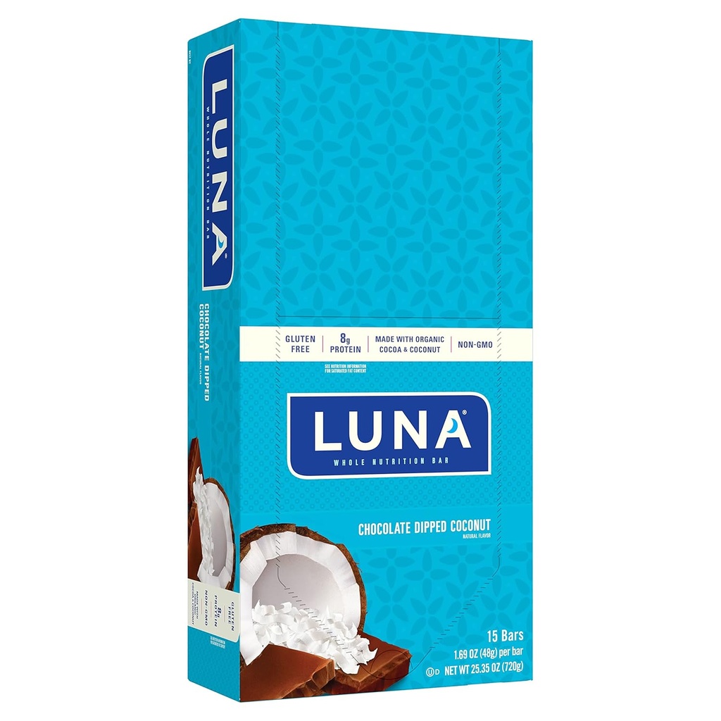 LUNA BAR - Gluten Free Snack Bars - Chocolate Dipped Coconut Flavor - 8 protein - Non-GMO - Plant-Based Wholesome Snacking - Go Snacks (1.69 Ounce Snack Bars, 15 Count)