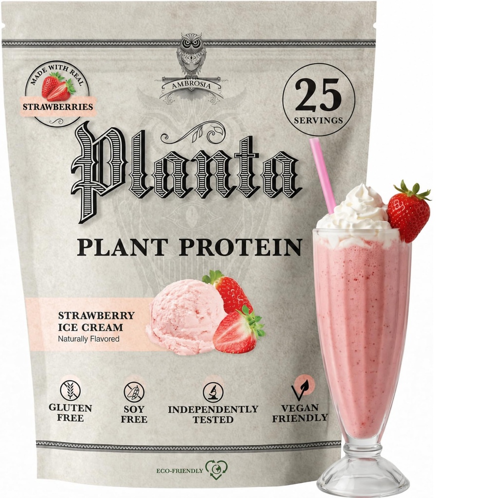 Ambrosia Planta - Premium Plant-Based Protein | Vegan & Keto Friendly | Gurotlar | No Bloating or Stomach Upset | Gluten & Soy Free | Nodrew Sugar | 25 Services | Strawberry Ice Cream
