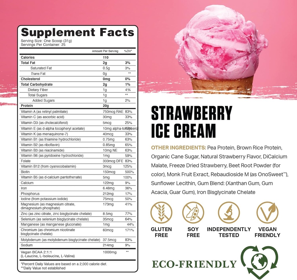 Ambrosia Planta - Premium Plant-Based Protein | Vegan & Keto Friendly | Gurotlar | No Bloating or Stomach Upset | Gluten & Soy Free | Nodrew Sugar | 25 Services | Strawberry Ice Cream