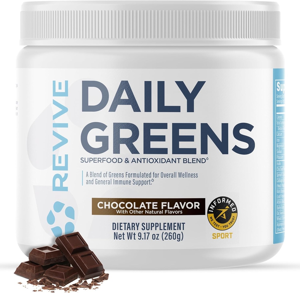 Revive MD Daily Green Powder Superfood (Chocolate) - Supergreens Powder to Support Energy Levels - Πράσινος Χυμός που βελτιώνει την πρόσληψη ινών - Λαχανικά Υποστηρίζει την πέψη και την υγεία των ούλων