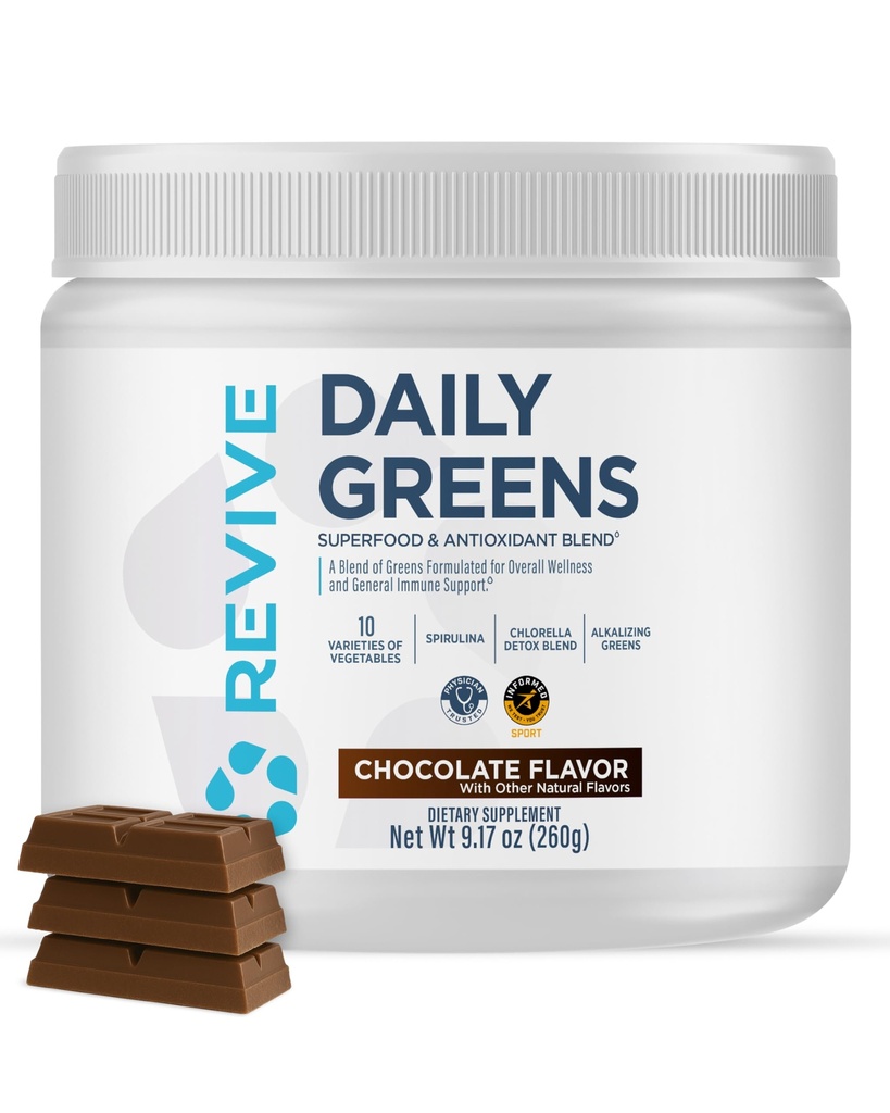Revive MD Günlük Yeşil Toz Superfood (Chocolate) - Enerji Seviyelerini Desteklemek için Supergreens - Fiber Intake - Sebze Destekleri Digestion ve Gut Health