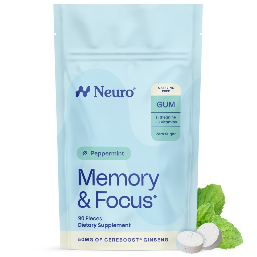 Νευρολογική μνήμη & Focus Gum (90 κομμάτια) - Decaf & Sugar Free with American Ginseng, L theanine, Vitamin B12 & Vitamin B6 for Mental Alertness - Συμπληρώματα εγκεφάλου για Μνήμη και Εστίαση - Γεύση μέντας