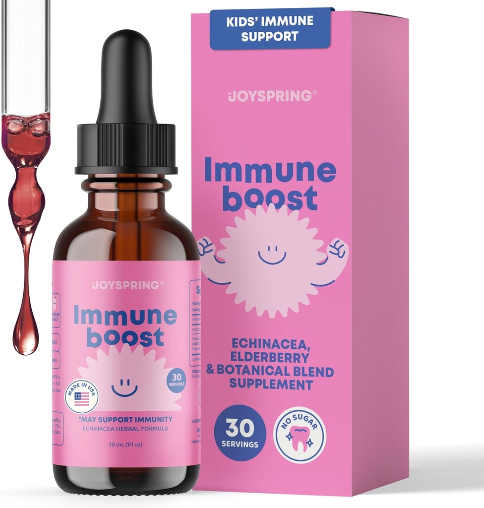 JoySpring Immune Drops - Kids’ Immunity Support Supplement (1 fl oz, 30 Servings) with Organic Elderberry Liquid, Echinacea, Oregon Grape Root & Orange Peel for Ages 2-16+ Years and Adults