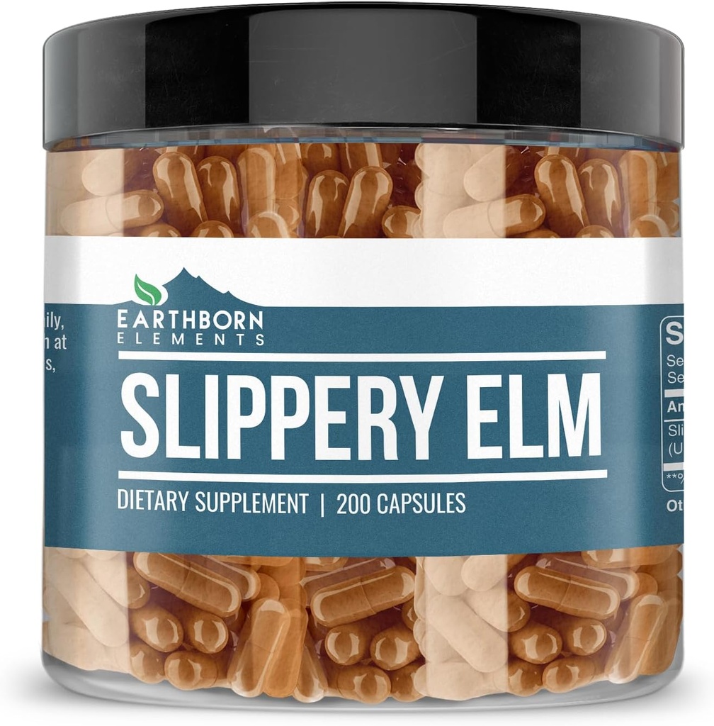 Earthborn Elements Slippery Elm 200 Capsules, Pure & Undiled, No Wordss