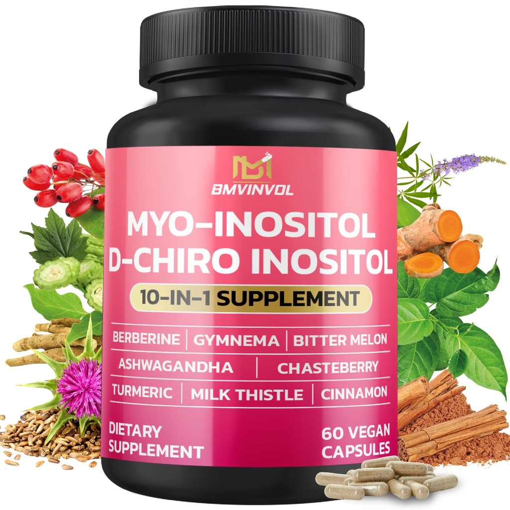 BMVINVOL Inositol Supplement - Myo-Inositol ve D-Chiro Inositol Ideal 40:1 - Plus Berberine, Cinnamon, Ashwagandha + 5 More - 60 Capsules