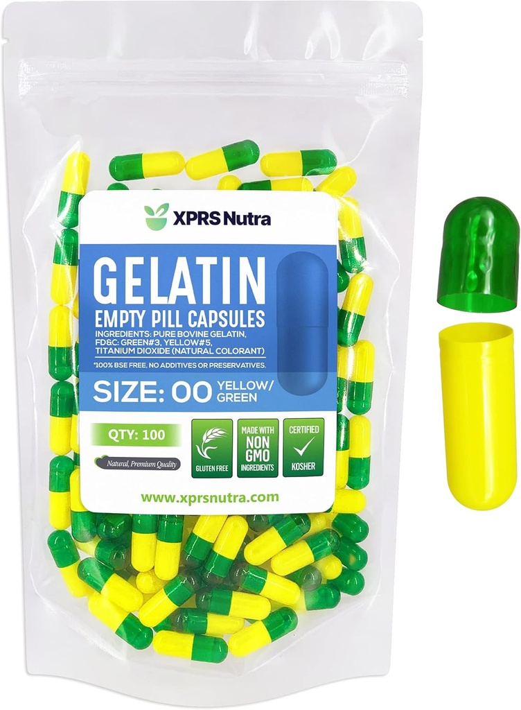 XPRS Nutra Μέγεθος 00 Κενές κάψουλες - 100 Count Empty Gelatin Κάψουλες - Χάπια DIY Καψάκιο Γέμισμα - Γέμισμα χάπια Gel Caps για το Do-It-Yourself Συμπληρώματα (Πράσινη/Κίτρινη)