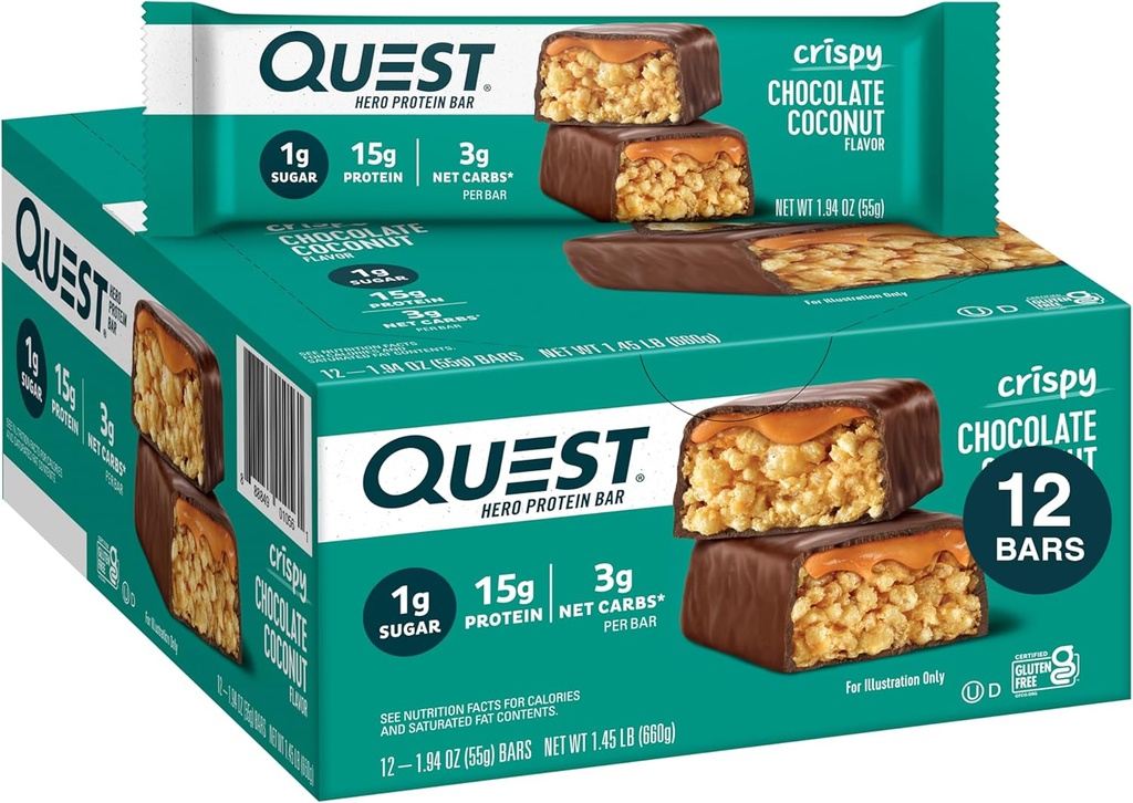Quest Beslenme Crispy Chocolate Coconut Hero protein Bar, 15g protein, 1g Sugar, 3g Net Carbs, Gluten Free Protein Snack, Keto Friendly, 12 Count