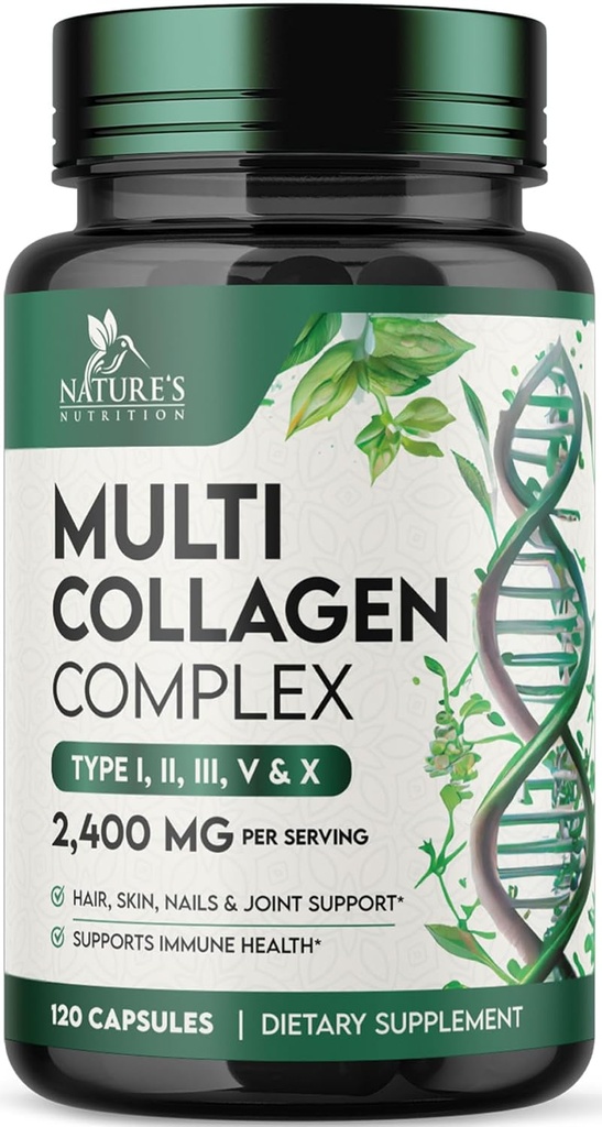 Multi Collagen Supplement 2400 mg - Hydrolyzed Tipleri I, II, III, V & X Multi Collagen Pills Kompleksi, Collagen Supplement Supplements, Hair, Skin, Nail, & Ortak Destek Supplement, Non-GMO - 120 Capsules