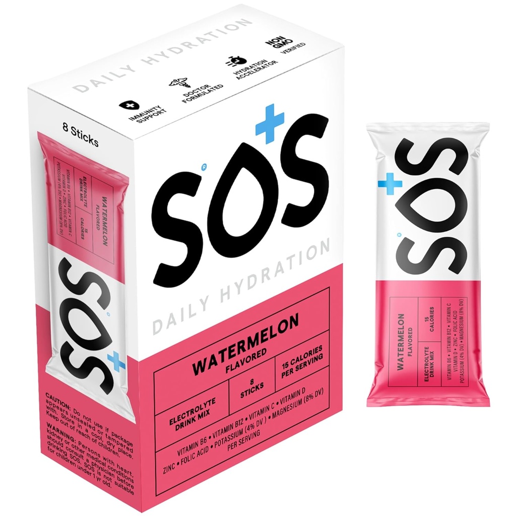 SOS Hydration Electrolyte Toz Paketleri, Watermelon Flavor, 8 Stick Packs – Low-Calorie, Hızlı Rehidrasyon, ABD'de Made in USA, Keto & Vegan Friendly