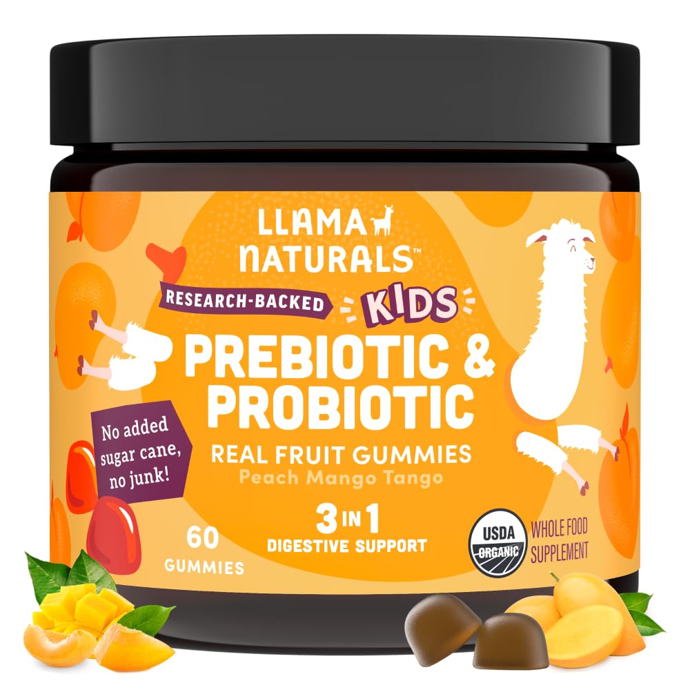 Llama Naturals Kids Probiyotik with Prebiyotik Fiber, Vegan, Organic Prebiyotiks and Probiyotiks Gummies for Gut Health Support, Toddler Real Fruit Gummy Vitamins, NoEDIT Sugar Cane, Peach Mango, 60 Ct