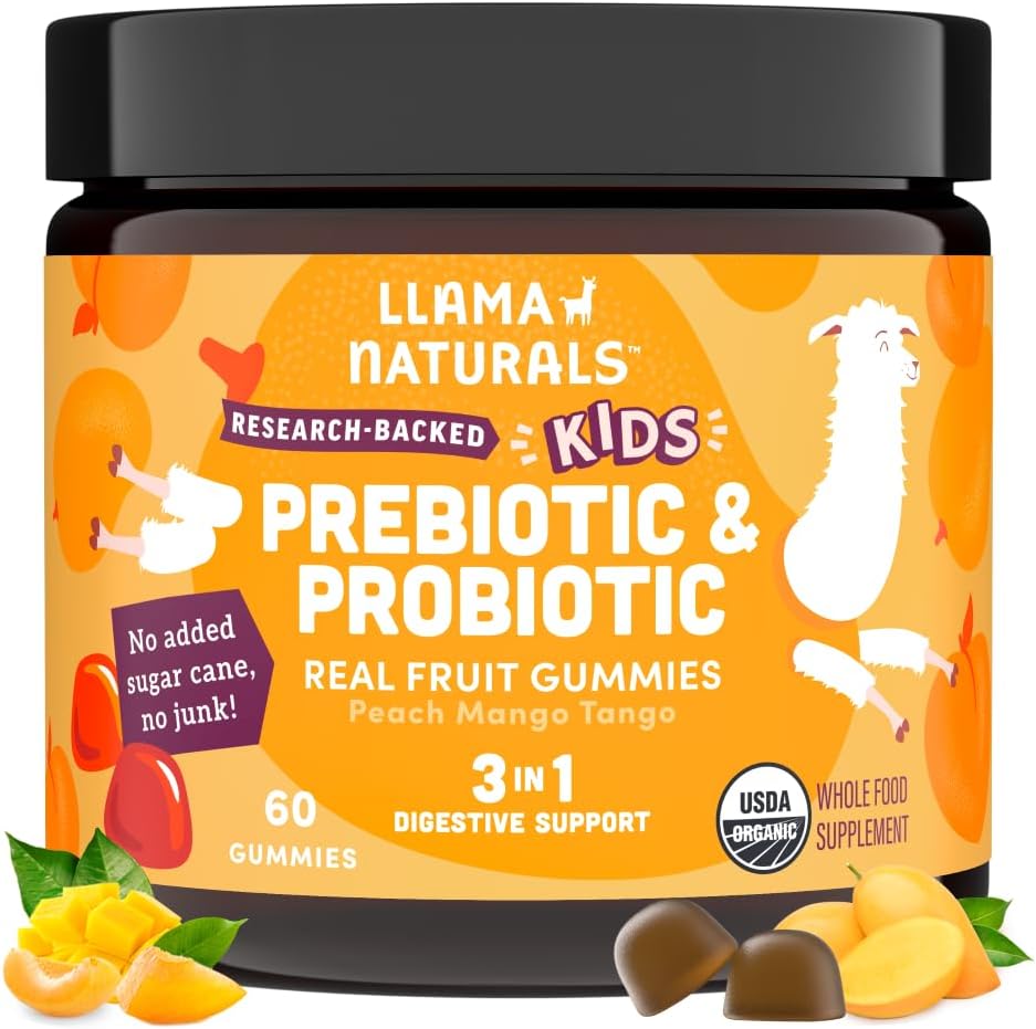 Llama Naturals Kids Probiyotik with Prebiyotik Fiber, Vegan, Organic Prebiyotiks and Probiyotiks Gummies for Gut Health Support, Toddler Real Fruit Gummy Vitamins, NoEDIT Sugar Cane, Peach Mango, 60 Ct