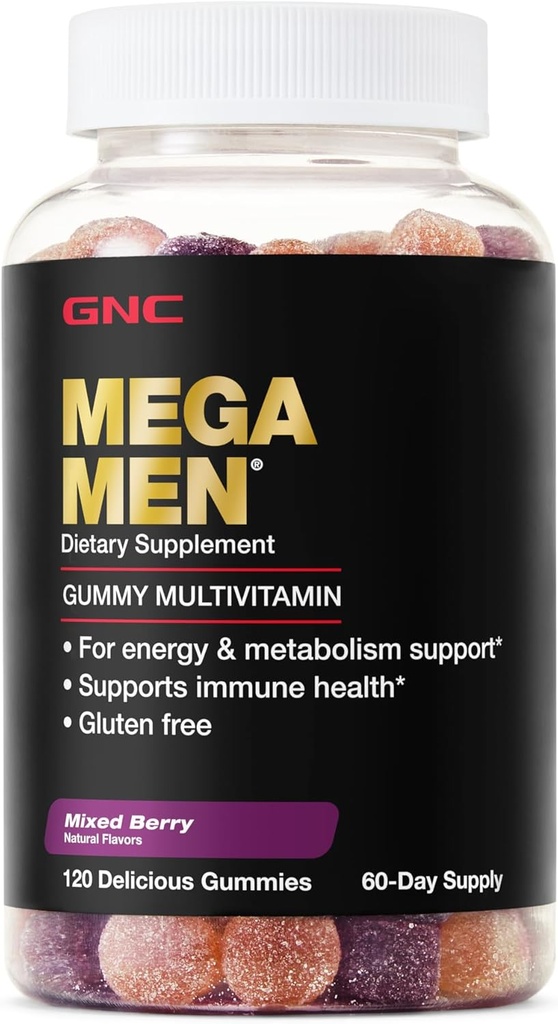 GNC Mega Men Multivitamin Gummy, Energy, Metabolism ve Immune Support, Karma Berry, 120 Kont